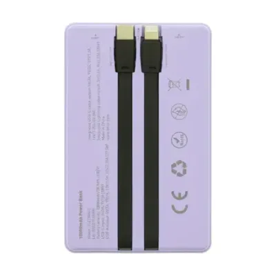 Tellur Power Bank 10000mAh, USB-C + Lightning cables built-in  purple
