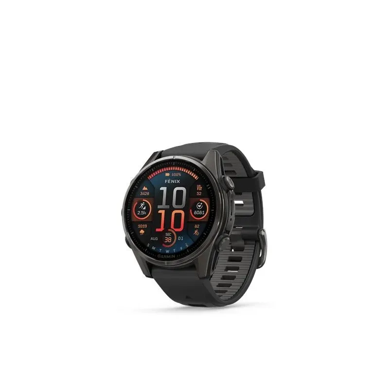 Garmin fenix 8 AMOLED Sapphire watch, 43 mm, Carbon grey DLC titanium with Black/pebble grey silicone band