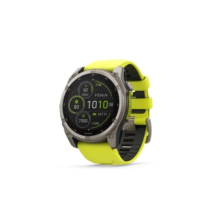 Garmin fēnix 8 Solar Sapphire watch, 51 mm, Titanium with silicone band in banana yellow / graphite
