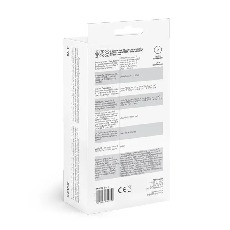 SAVIO BA-11 POWER BANK 30000 mAh, white